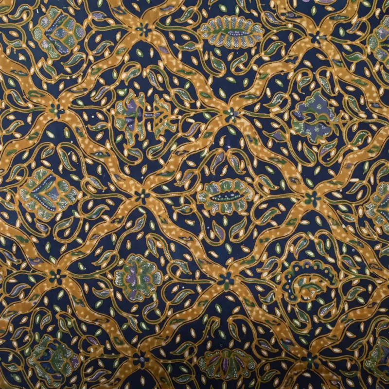 Close-up of the traditional Sido Luhur batik motif featuring authentic handmade geometric and floral patterns in sogan brown and indigo.