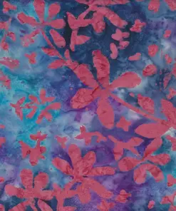 Dark blue and dark pink authentic floral batik fabric, hand-dyed cotton textile for home decor