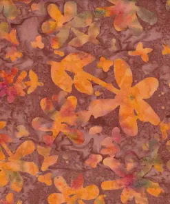 Dark chestnut and orange warm floral batik fabric, 100% cotton hand-stamped botanical textile