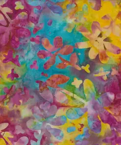Vibrant multicolor yellow blue and magenta floral batik fabric, authentic hand-dyed