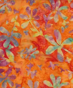 Orange multicolor floral vine handmade batik textile, cotton quilt fabric