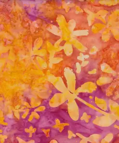 Orange yellow and purple floral batik fabric, hand-stamped botanical cotton for quilting
