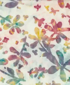 White multicolor pastel floral batik fabric, 100% premium cotton hand-stamped botanical