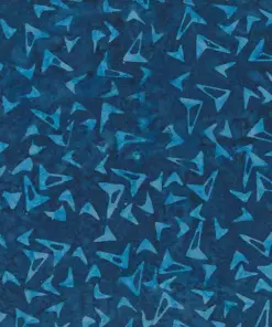 Dark navy blue handmade cotton batik fabric with light blue geometric boomerang motifs for crafting.