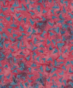 Dark pink and magenta handmade cotton batik fabric featuring contrasting blue geometric boomerang shapes.