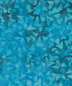 Bright light blue and turquoise handmade cotton batik fabric with a geometric boomerang pattern for sewing.