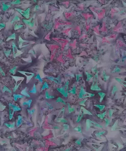 Dark slate purple handmade cotton batik fabric with multi-colored pink and teal geometric boomerang pattern.