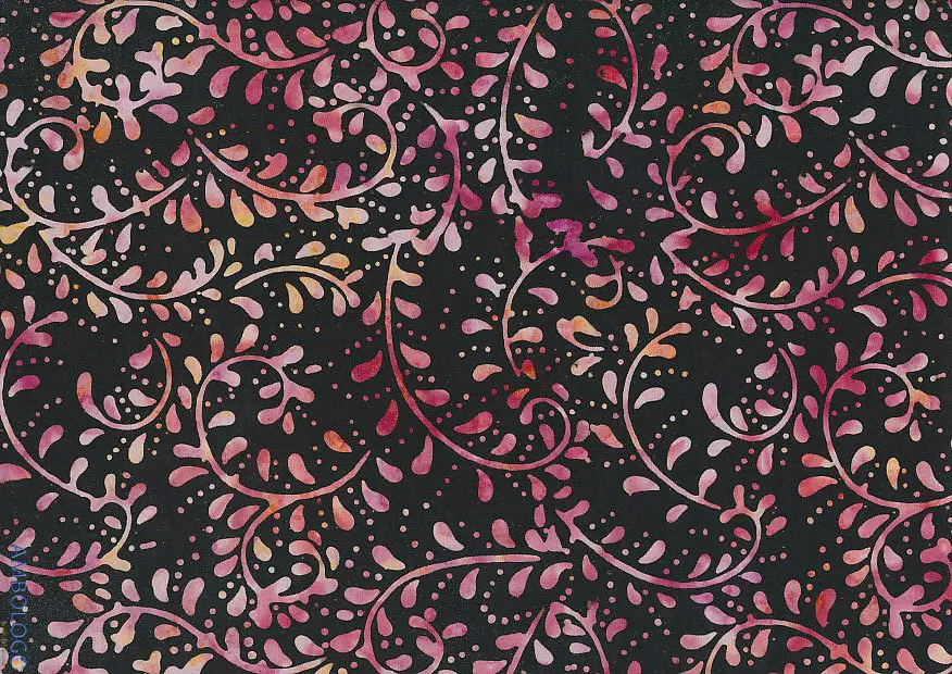 Black and pink fern botanical authentic handmade batik fabric for quilting and apparel