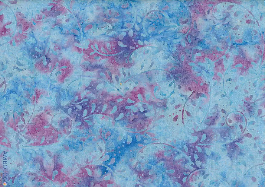 Watercolor blue and purple fern patterned traditional Indonesian batik cotton fabric