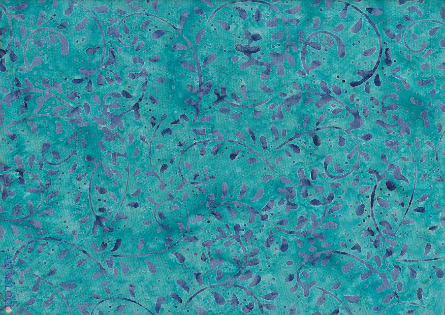 Dark cyan teal background with dark blue botanical fern print handmade batik fabric
