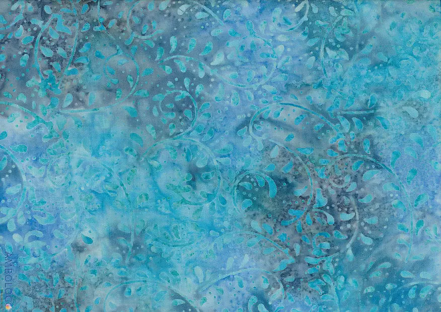 Denim blue and dark teal fern patterned handmade batik cotton for sewing projects