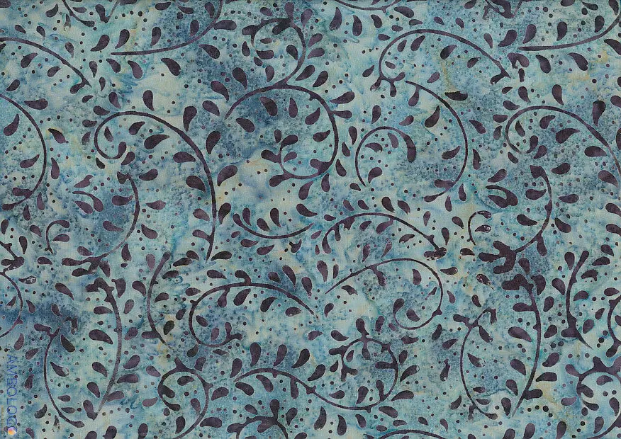 Mottled denim blue and dark gray black fern patterned Indonesian batik fabric