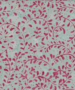 Light gray and mint background with magenta purple fern leaf handmade batik fabric