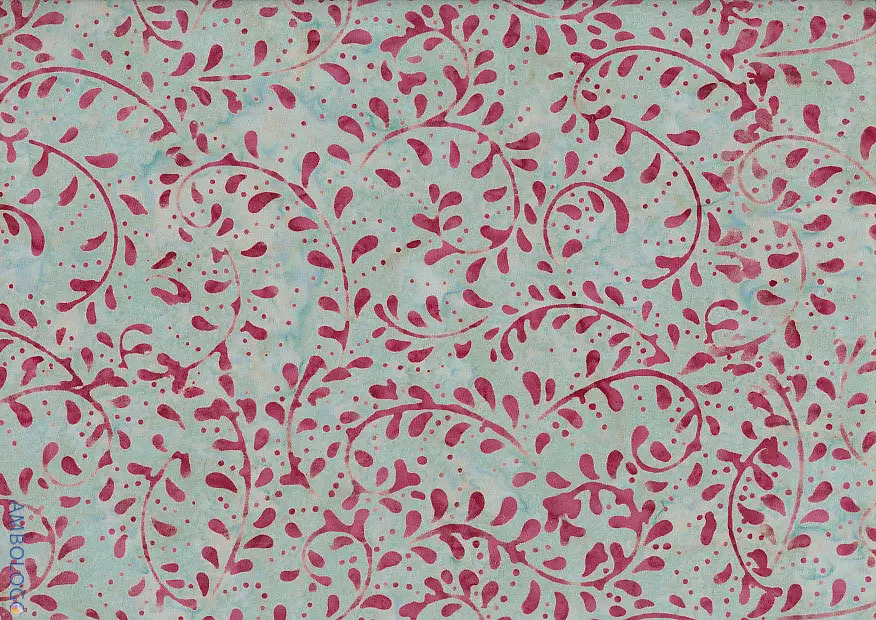 Light gray and mint background with magenta purple fern leaf handmade batik fabric