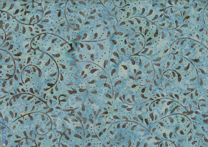 Light denim blue and dark gray fern botanical handmade batik fabric