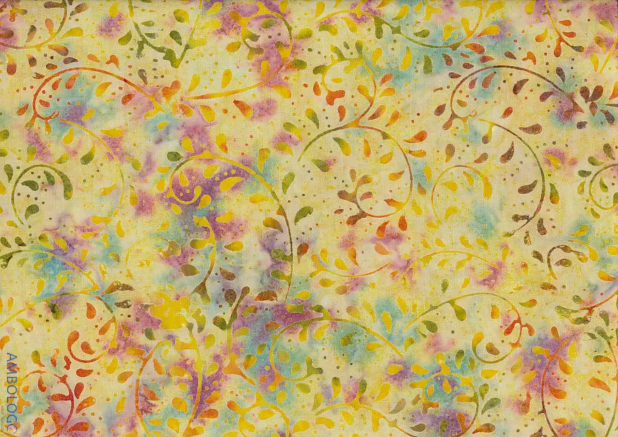 Multicolor yellow purple green fern Botanical batik fabric