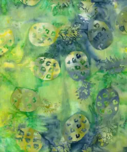 Authentic hand-stamped pineapple tropical batik fabric made of 100% combed cotton, showing vibrant hand-dyed watercolor effects and wax resist motifs.