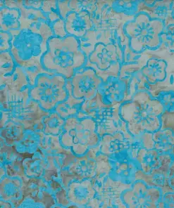 Bright cerulean blue Jasmine floral motifs stamped on a beautifully mottled light gray handmade batik fabric.
