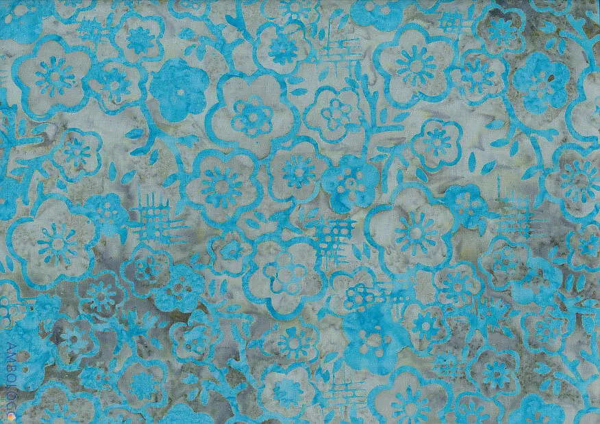 Bright cerulean blue Jasmine floral motifs stamped on a beautifully mottled light gray handmade batik fabric.