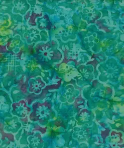 Rich dark green, emerald, and teal handmade Indonesian Jasmine floral batik fabric for sewing and quilting.