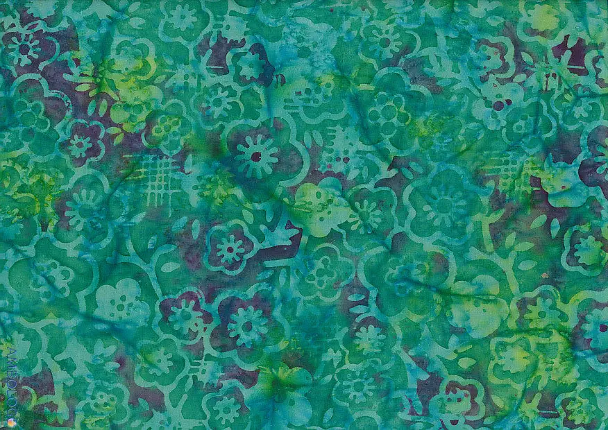 Rich dark green, emerald, and teal handmade Indonesian Jasmine floral batik fabric for sewing and quilting.