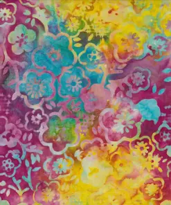 Vibrant handmade dark multicolor batik fabric featuring a magenta base with bright cyan, yellow, and pink Jasmine flowers.