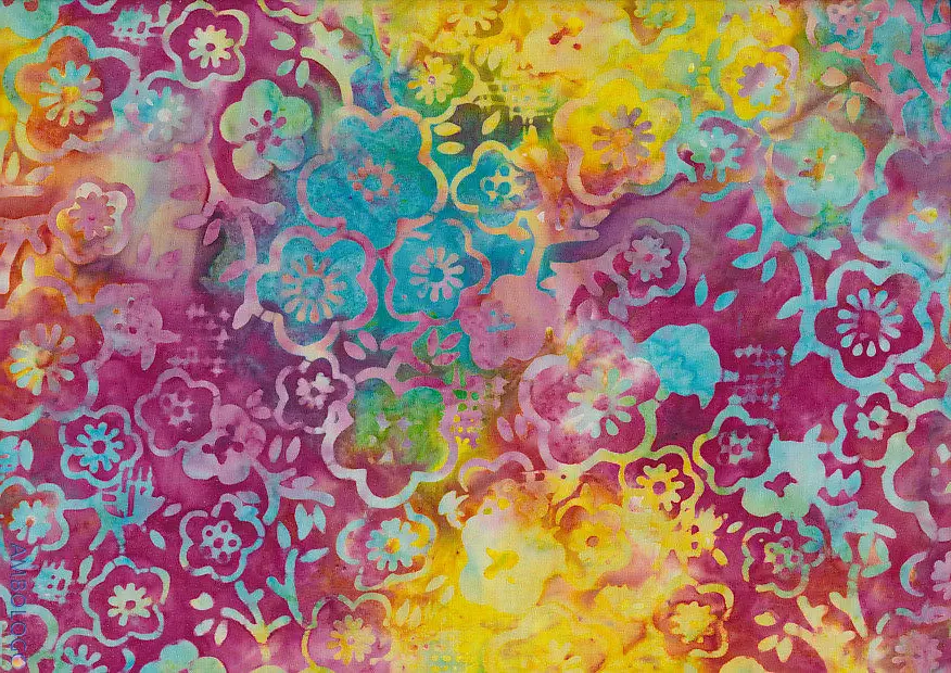 Vibrant handmade dark multicolor batik fabric featuring a magenta base with bright cyan, yellow, and pink Jasmine flowers.