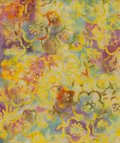Golden dark yellow Jasmine floral outlines over a watercolor purple and blue handmade batik fabric for quilting.