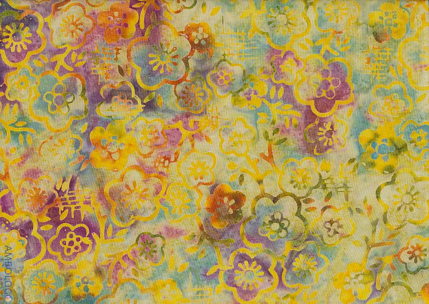 Golden dark yellow Jasmine floral outlines over a watercolor purple and blue handmade batik fabric for quilting.