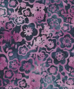 Detailed view of handmade dark blue and purple Jasmine floral batik fabric made from premium Indonesian cotton.