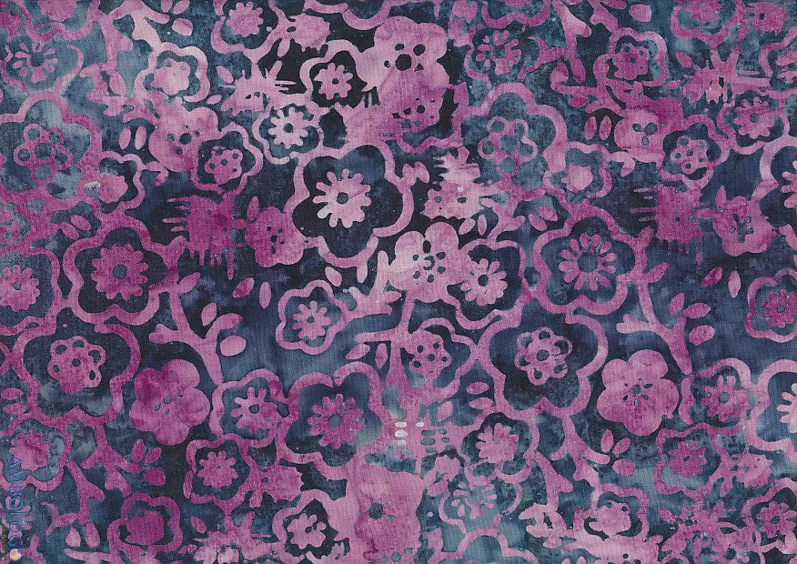 Detailed view of handmade dark blue and purple Jasmine floral batik fabric made from premium Indonesian cotton.
