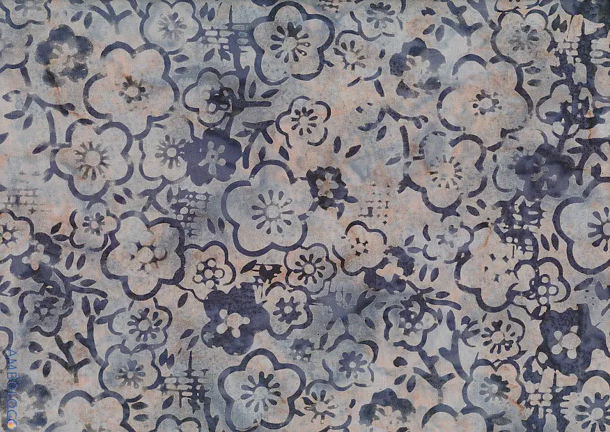 Sophisticated dark gray handmade batik fabric featuring soft light yellow and cream Jasmine floral patterns for sewing and quilting