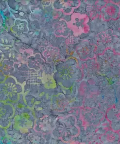 Authentic handmade dark gray Indonesian batik fabric featuring a vibrant multicolor pink, green, and blue Jasmine floral design.
