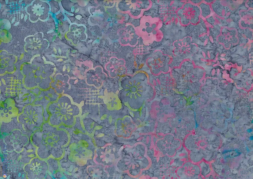 Authentic handmade dark gray Indonesian batik fabric featuring a vibrant multicolor pink, green, and blue Jasmine floral design.