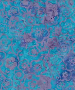 Bright deep sky blue and purple Jasmine floral handmade Indonesian batik fabric for apparel and quilting.