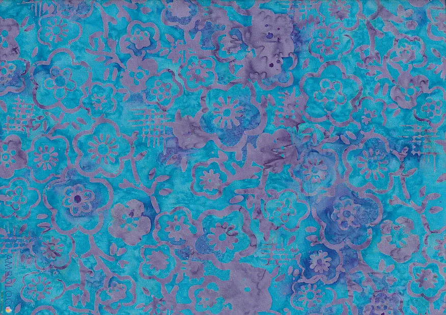 Bright deep sky blue and purple Jasmine floral handmade Indonesian batik fabric for apparel and quilting.