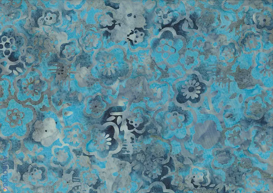 Coastal-inspired deep sky blue and gray handmade Jasmine floral batik fabric made from premium cotton.