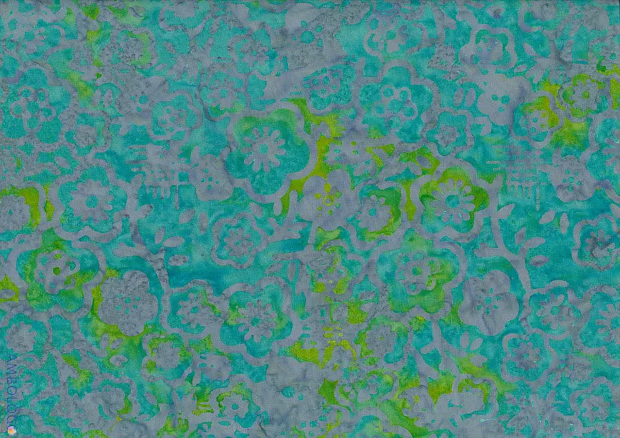 Tropical green and gray handmade Indonesian batik fabric with vibrant lime accents in a Jasmine floral pattern.