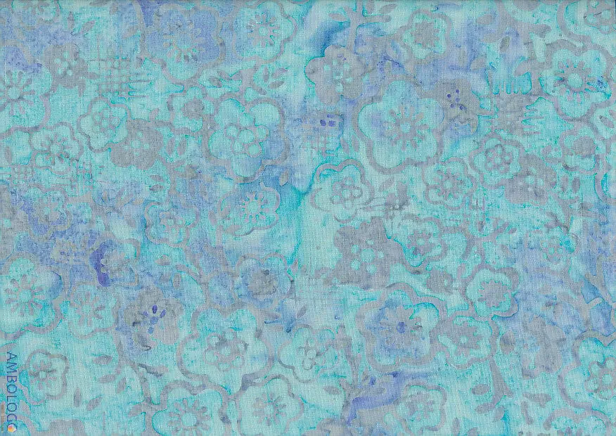 Frosty iced blue and soft gray handmade Jasmine floral batik fabric perfect for baby quilts and winter apparel.