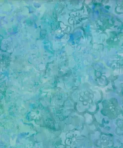 Detailed view of light cerulean blue Jasmine floral batik fabric with a handmade watercolor texture for quilting and apparel.
