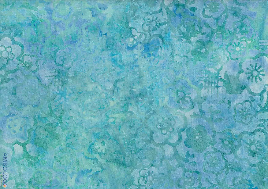 Detailed view of light cerulean blue Jasmine floral batik fabric with a handmade watercolor texture for quilting and apparel.