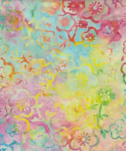Bright multicolor pastel Jasmine floral handmade batik fabric featuring gradients of pink, blue, yellow, and green.