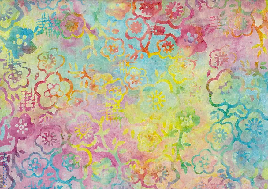 Bright multicolor pastel Jasmine floral handmade batik fabric featuring gradients of pink, blue, yellow, and green.
