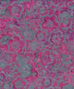 Text: Bold magenta purple Jasmine flowers stamped on a cool gray background in an authentic handmade Indonesian batik fabric.