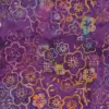 Luxurious deep eggplant violet Jasmine handmade batik fabric illuminated by glowing copper, teal, and gold motifs.