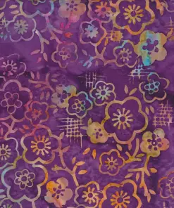 Luxurious deep eggplant violet Jasmine handmade batik fabric illuminated by glowing copper, teal, and gold motifs.