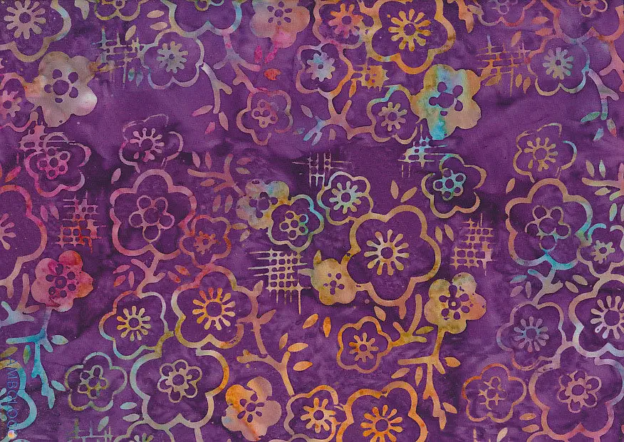 Luxurious deep eggplant violet Jasmine handmade batik fabric illuminated by glowing copper, teal, and gold motifs.