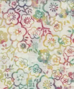 Delicate cream-based handmade batik fabric with soft watercolor splashes of yellow, green, and violet Jasmine flowers.