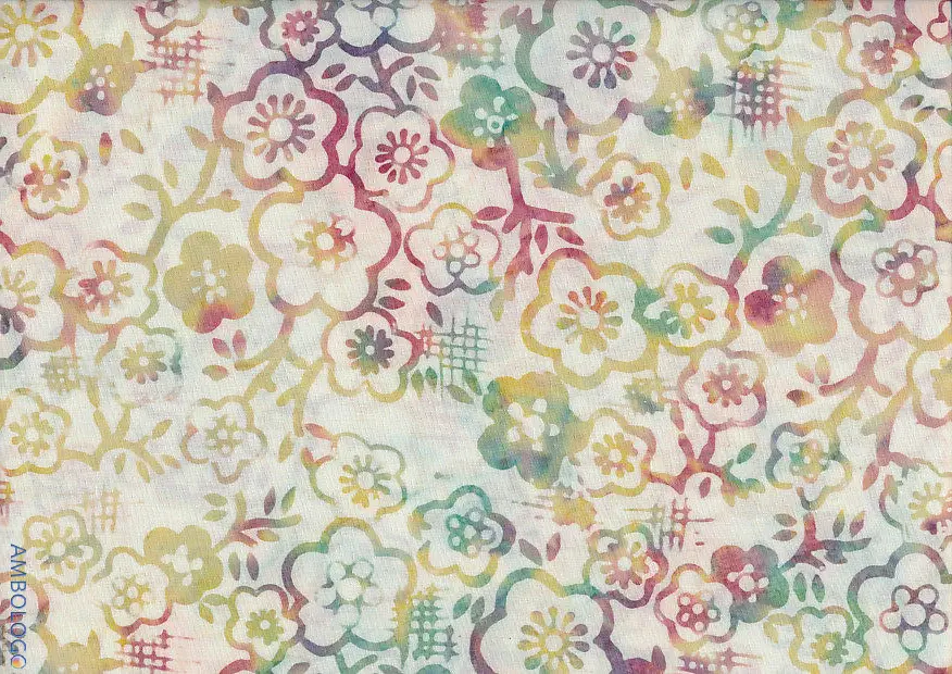 Delicate cream-based handmade batik fabric with soft watercolor splashes of yellow, green, and violet Jasmine flowers.