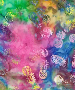 Brightly colored rainbow tropical batik fabric featuring pink, yellow, blue, and green washes overlaid with vivid pineapple silhouettes.